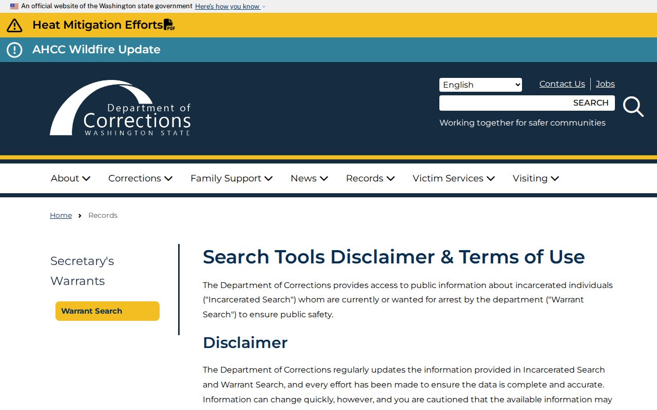 Columbia County arrest search and Washington DOC accuracy disclaimer