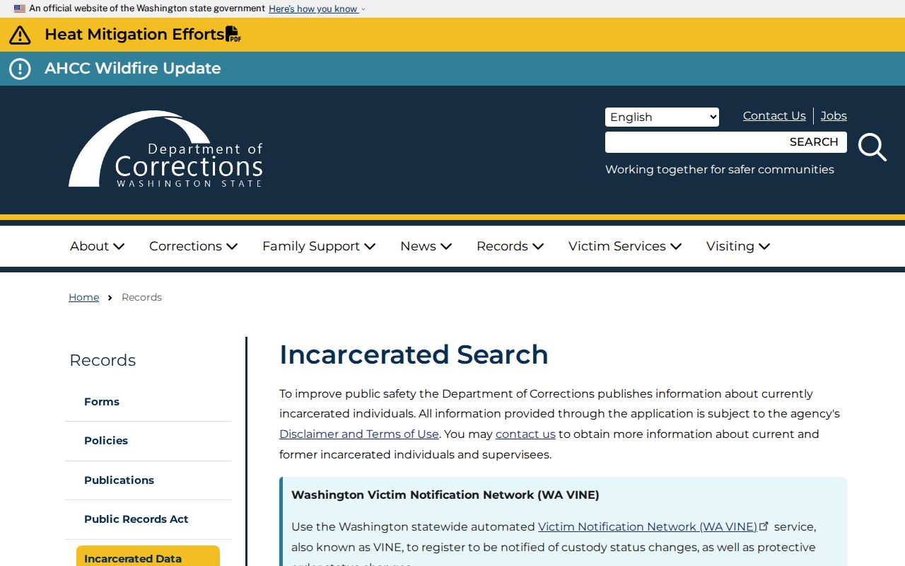 Columbia County arrest records route to Washington DOC Incarcerated Search
