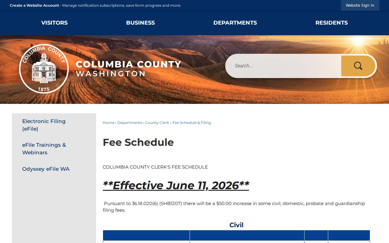 Columbia County court case copy and filing fees